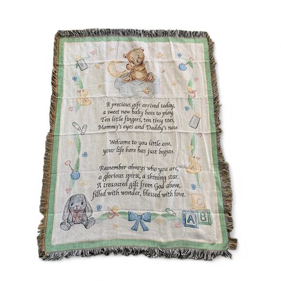 Baby Blessing Woven Tapestry Blanket Teddy Bear Nursery Receiving 42x 54 in. - Picture 1 of 10